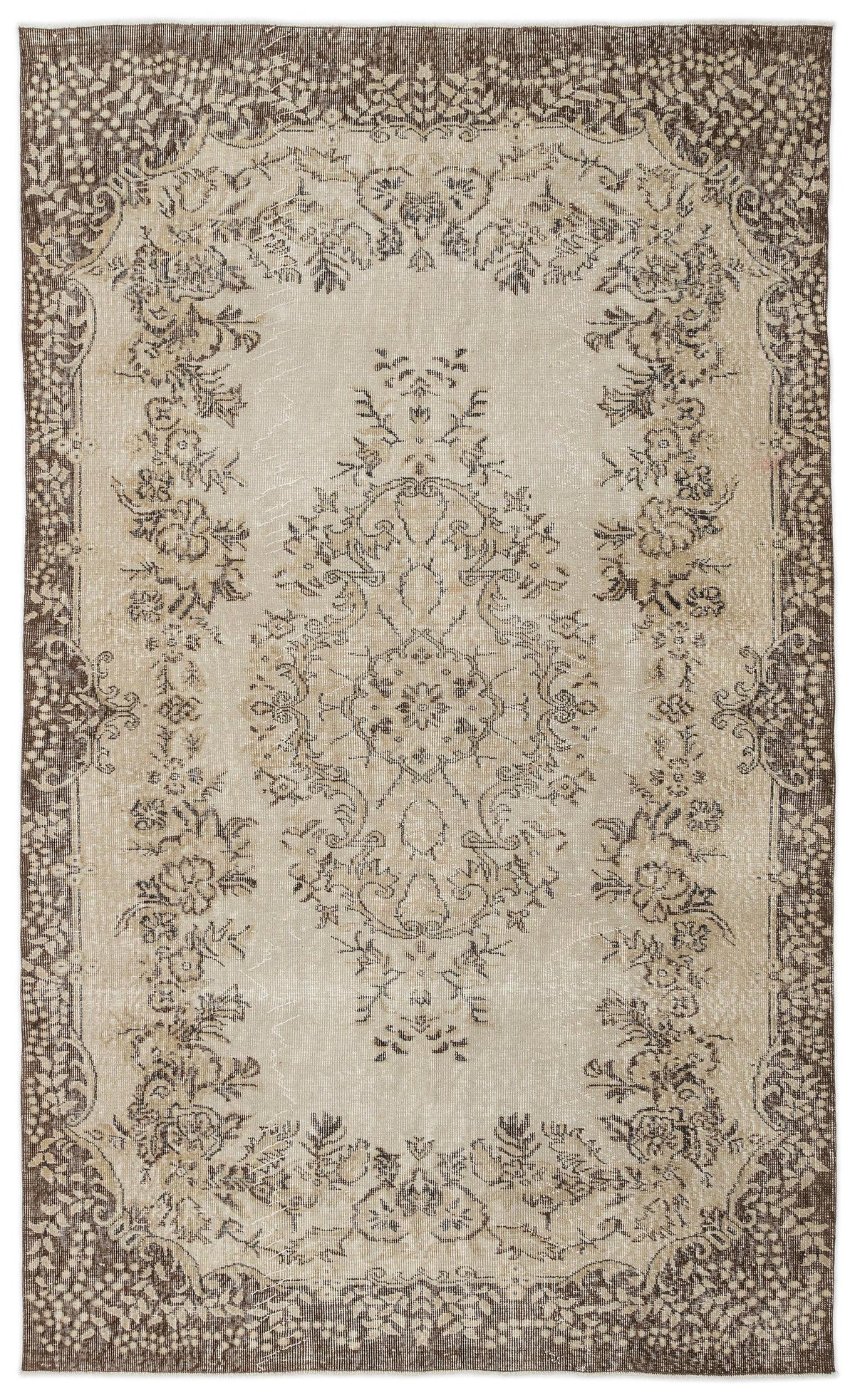 The Petida Vintage Medallion Rug (5'8" x 9'5") features an intricate beige and brown floral vine motif, a central medallion, and a detailed border for timeless appeal.