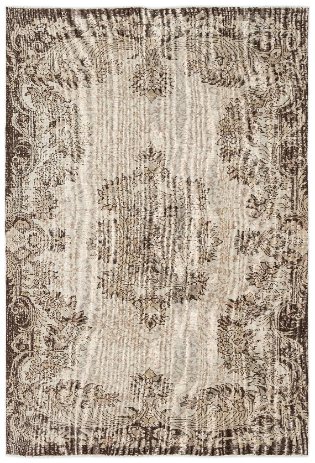 Beige and dark brown distressed traditional rug with a central floral medallion and ornate border.