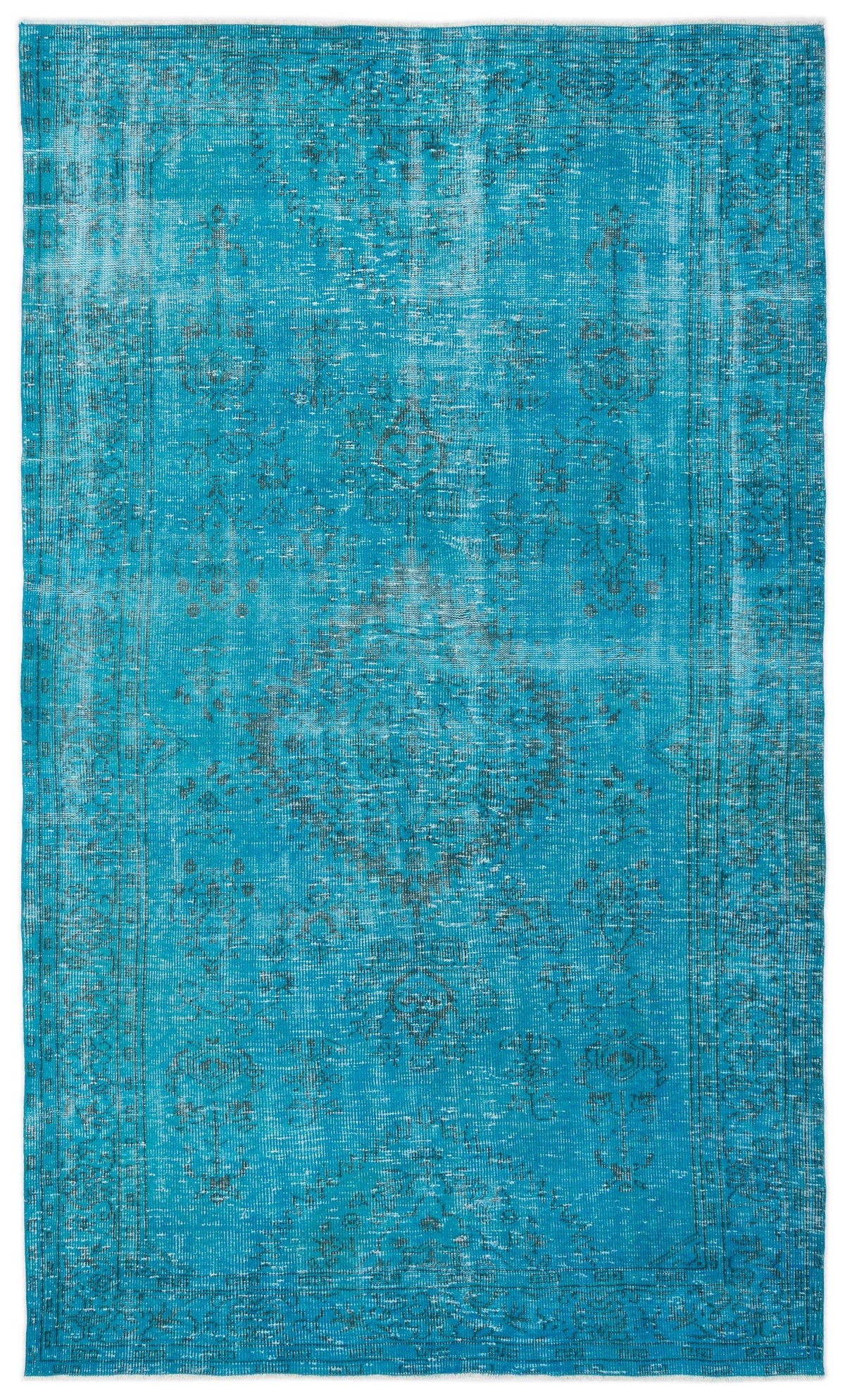 Bright turquoise distressed rug with a faded charcoal grey traditional medallion and border pattern.