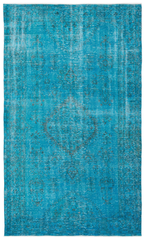 Load image 1 in gallery view. Bright turquoise distressed rug with a faded charcoal grey traditional medallion and border pattern.