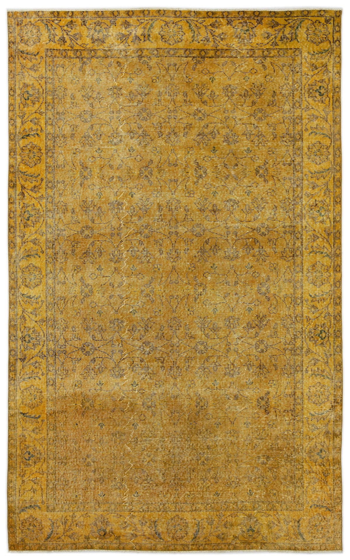 Mustard yellow vintage-style rug with a distressed floral border and an intricate, faded central botanical pattern.