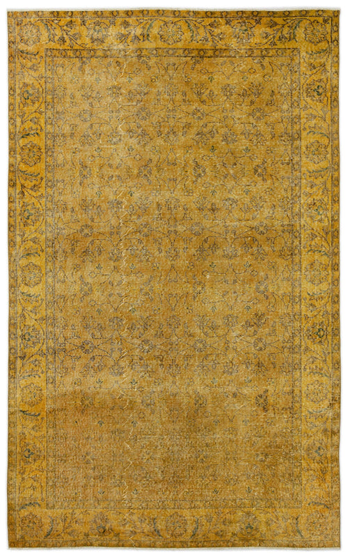 Load image 1 in gallery view. Mustard yellow vintage-style rug with a distressed floral border and an intricate, faded central botanical pattern.