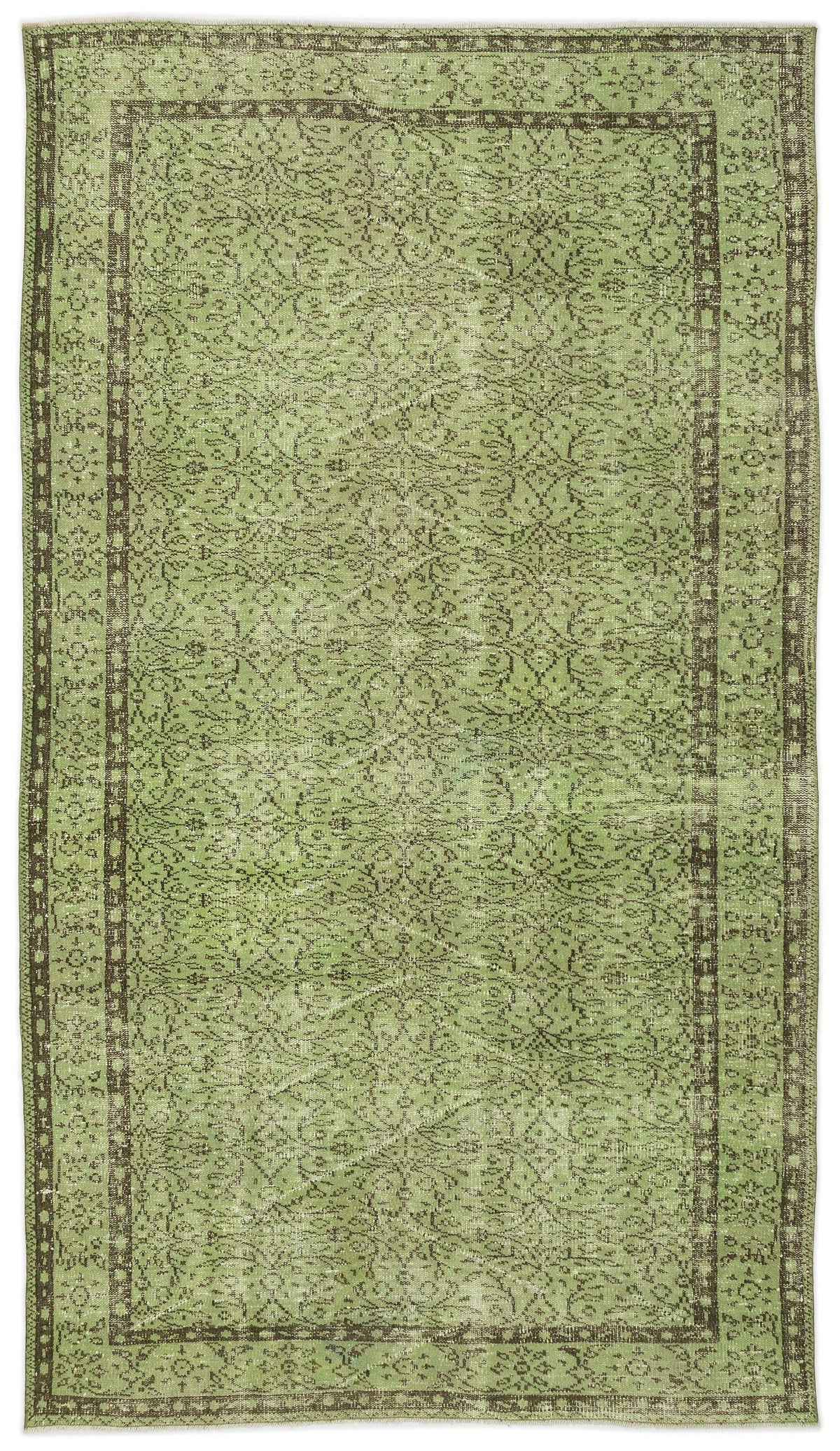 Sage green and dark brown vintage-style rug with an intricate floral medallion pattern and a decorative border.