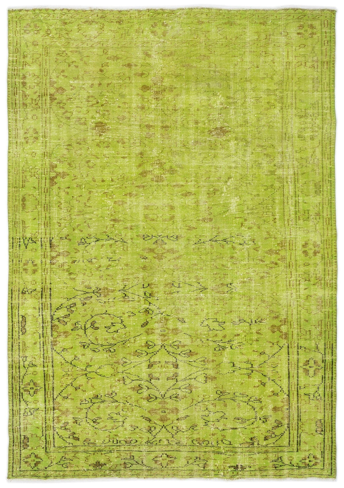 Chartreuse distressed vintage-style rug with a faded traditional floral medallion pattern and a bordered edge.