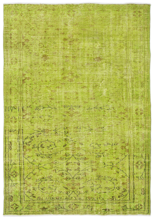 Load image 1 in gallery view. Chartreuse distressed vintage-style rug with a faded traditional floral medallion pattern and a bordered edge.