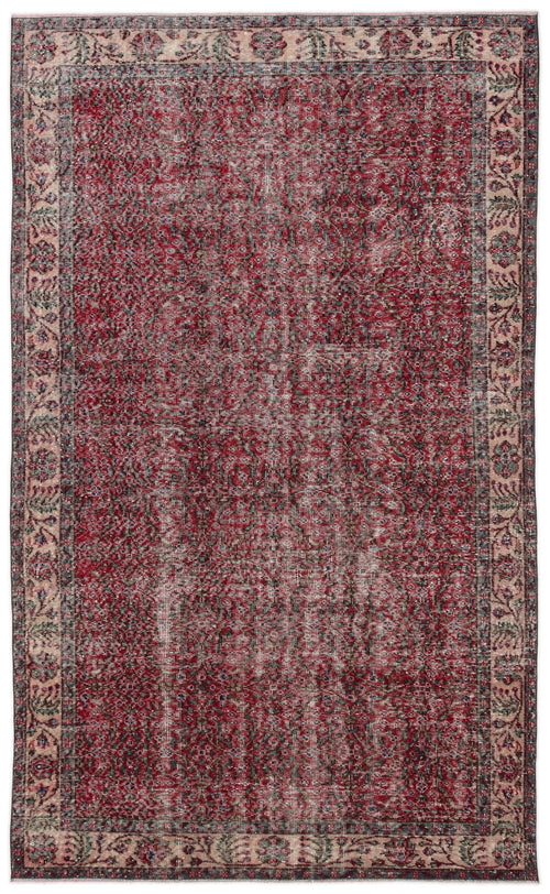 Load image 1 in gallery view. Distressed red and charcoal traditional rug with a floral border and faded central medallion pattern.