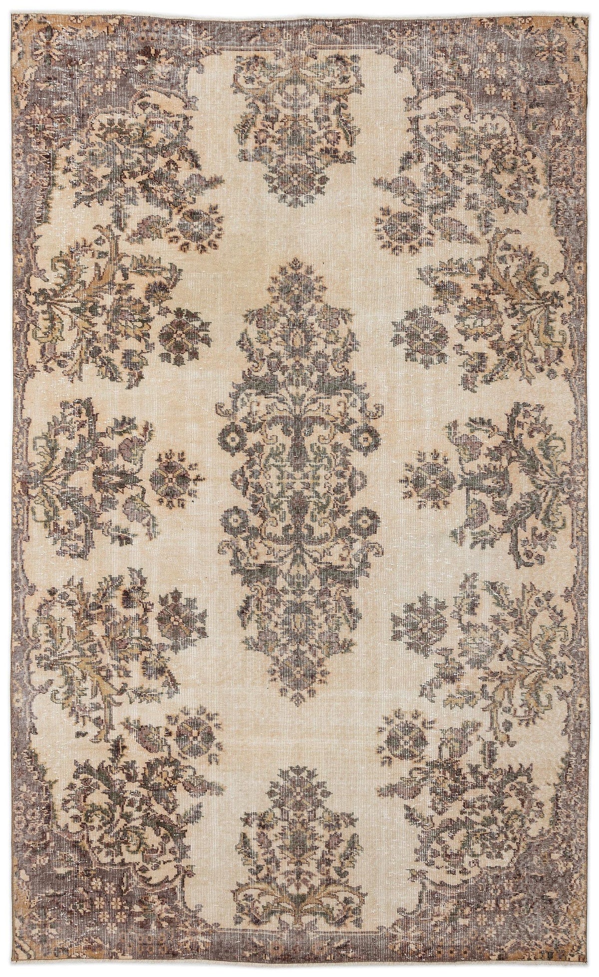 The Detiar Vintage Medallion Rug (5'9" x 9'5") features a beige background with symmetrical floral and leafy patterns in brown and gray, accented by a detailed decorative border.