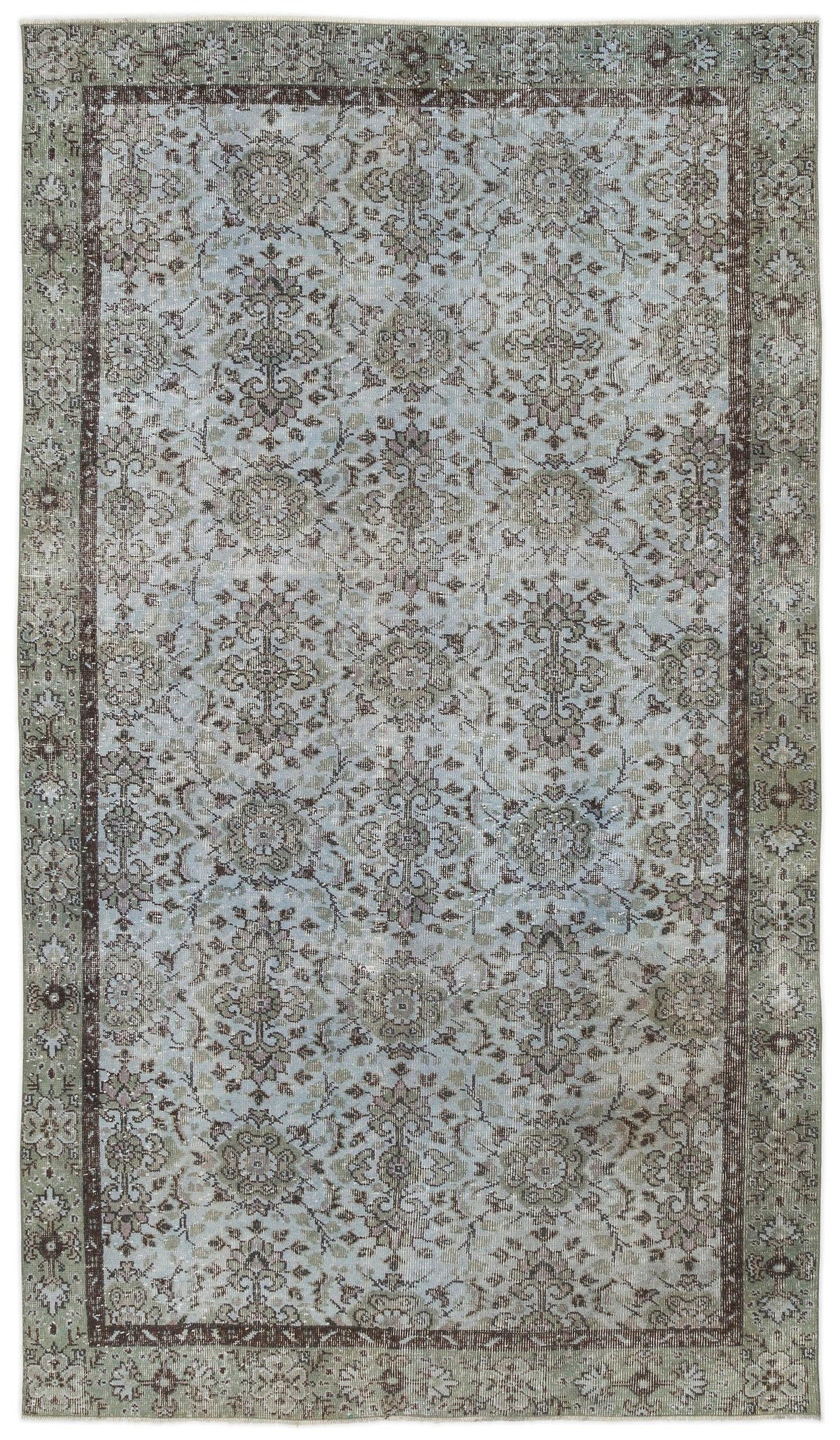 Light blue and sage green vintage-style rug with a distressed floral medallion pattern and a dark brown border.