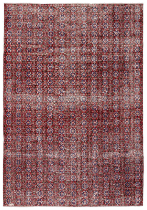 Load image 1 in gallery view. Red and blue distressed rug with a repeating geometric medallion pattern on a white background.