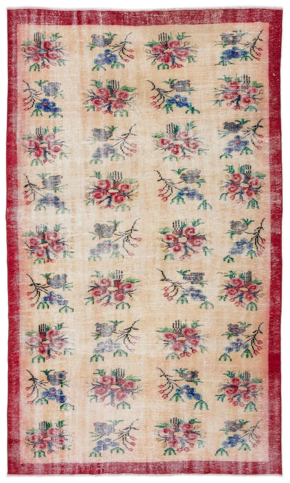 Beige rug with a red border and a repeating grid of small, multicolored floral bouquets.