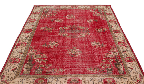 Load image 1 in gallery view. Red and beige distressed vintage-style rug with a central medallion and floral border pattern on a white background.