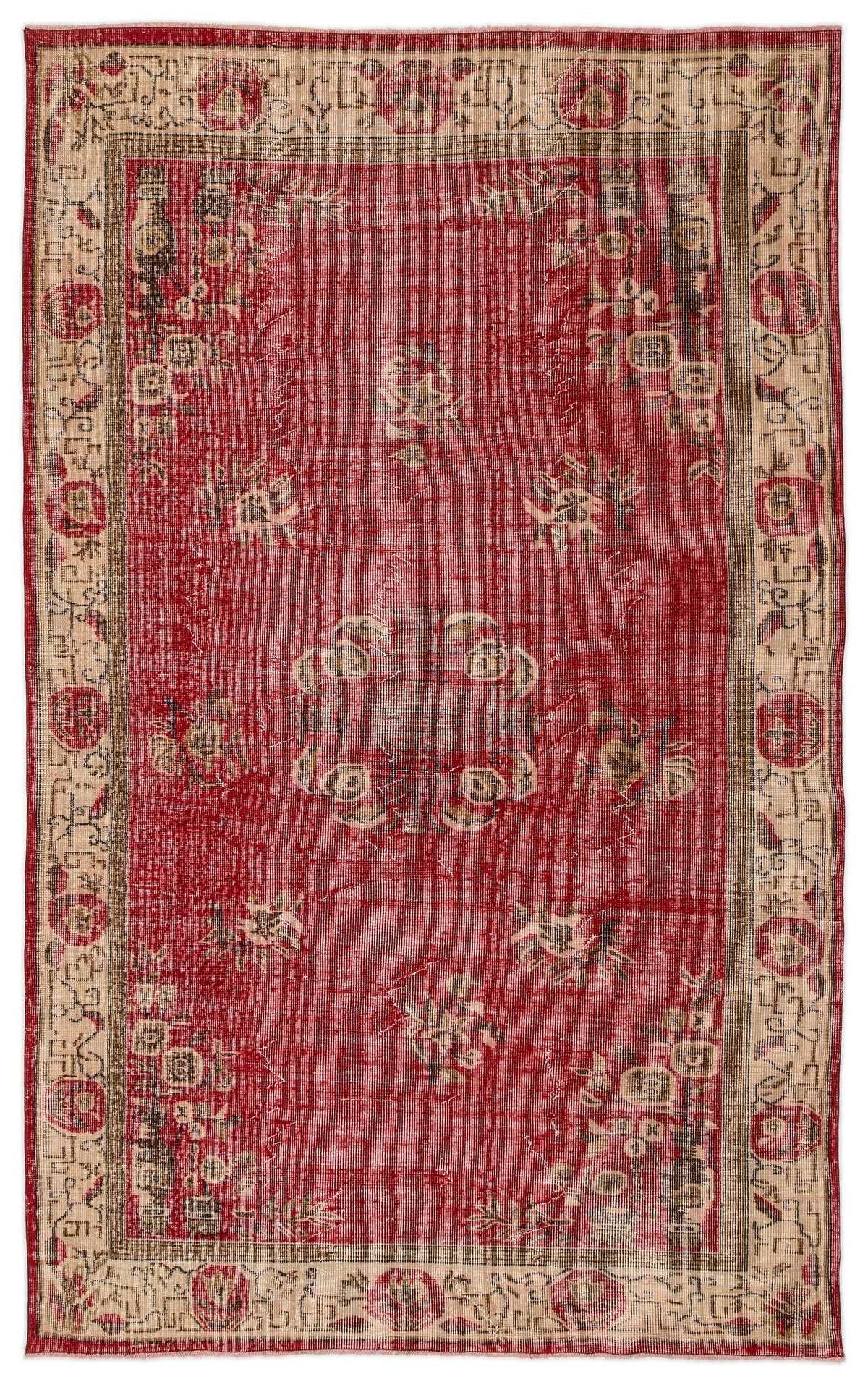 Red and beige vintage-style rug with a central medallion and floral border pattern on a white background.
