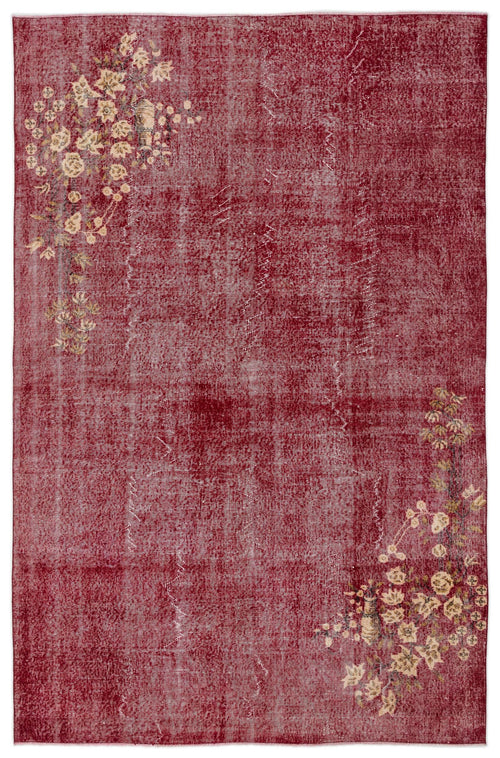 Load image 1 in gallery view. Deep red distressed rug with cream and olive floral clusters in the top-left and bottom-right corners.