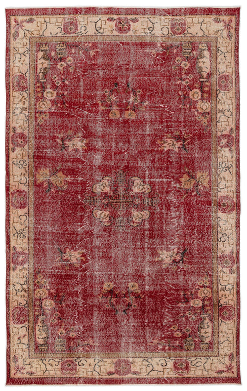 Load image 1 in gallery view. Distressed red rug with a central floral medallion and beige border featuring traditional geometric and floral motifs.