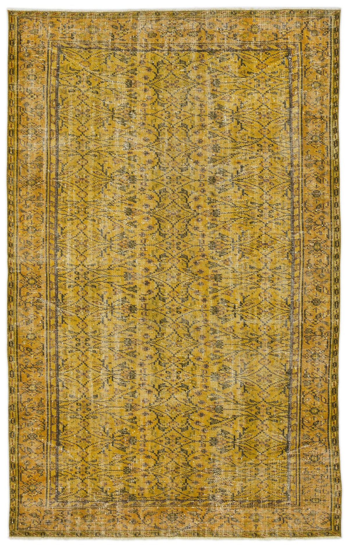 Mustard yellow distressed rug with a dark grey intricate floral trellis pattern and a bordered edge.