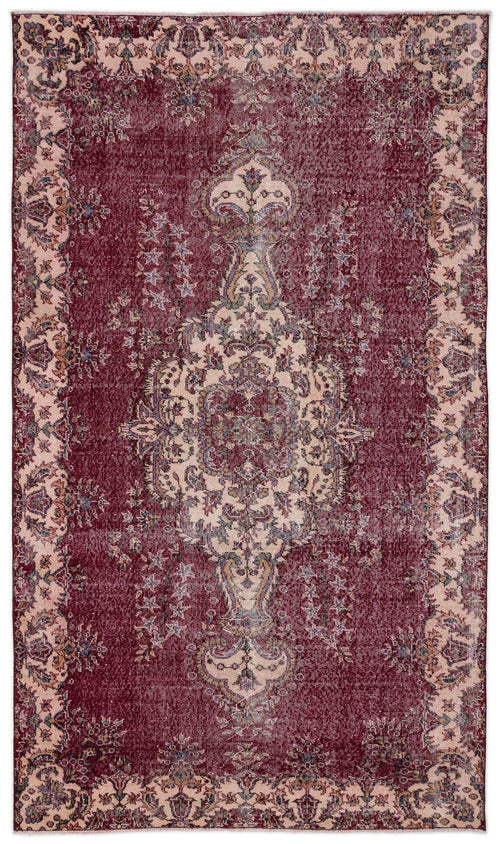 Load image 1 in gallery view. Deep red and cream vintage-style rug with a central floral medallion and ornate border on a white background.
