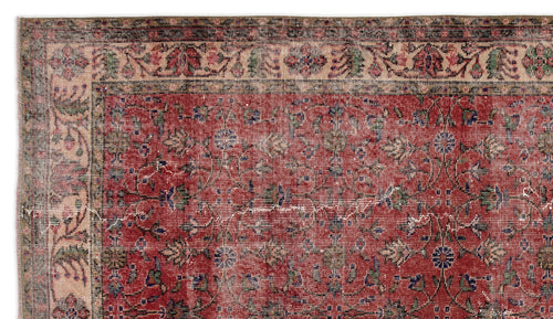 Load image 1 in gallery view. Red traditional rug with a distressed floral pattern and a cream border featuring intricate botanical motifs.