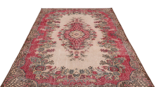 Load image 1 in gallery view. Distressed cream and red vintage-style rug with a central floral medallion and ornate border on a white background.