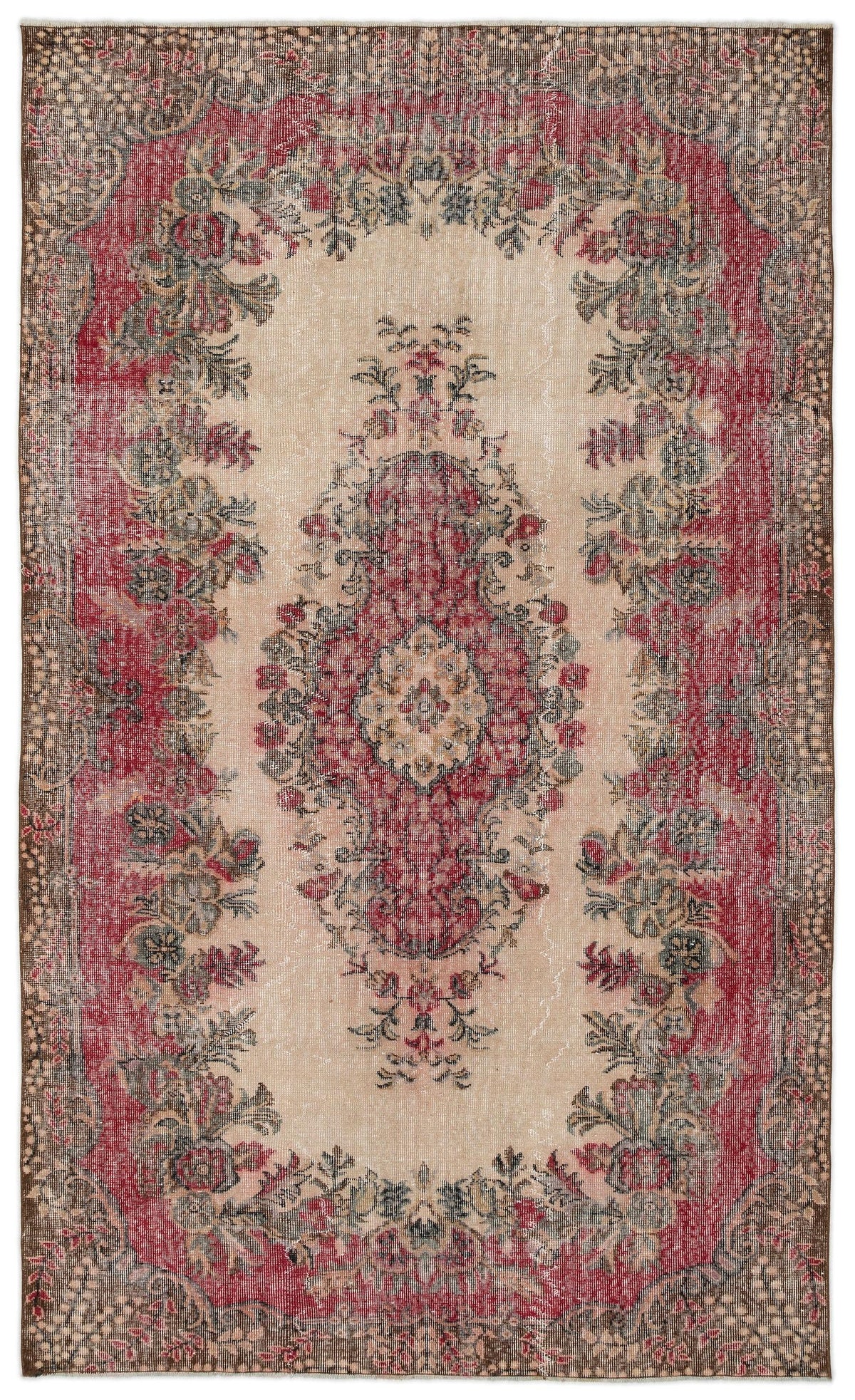 Distressed beige and red vintage-style rug with a central floral medallion and ornate border.