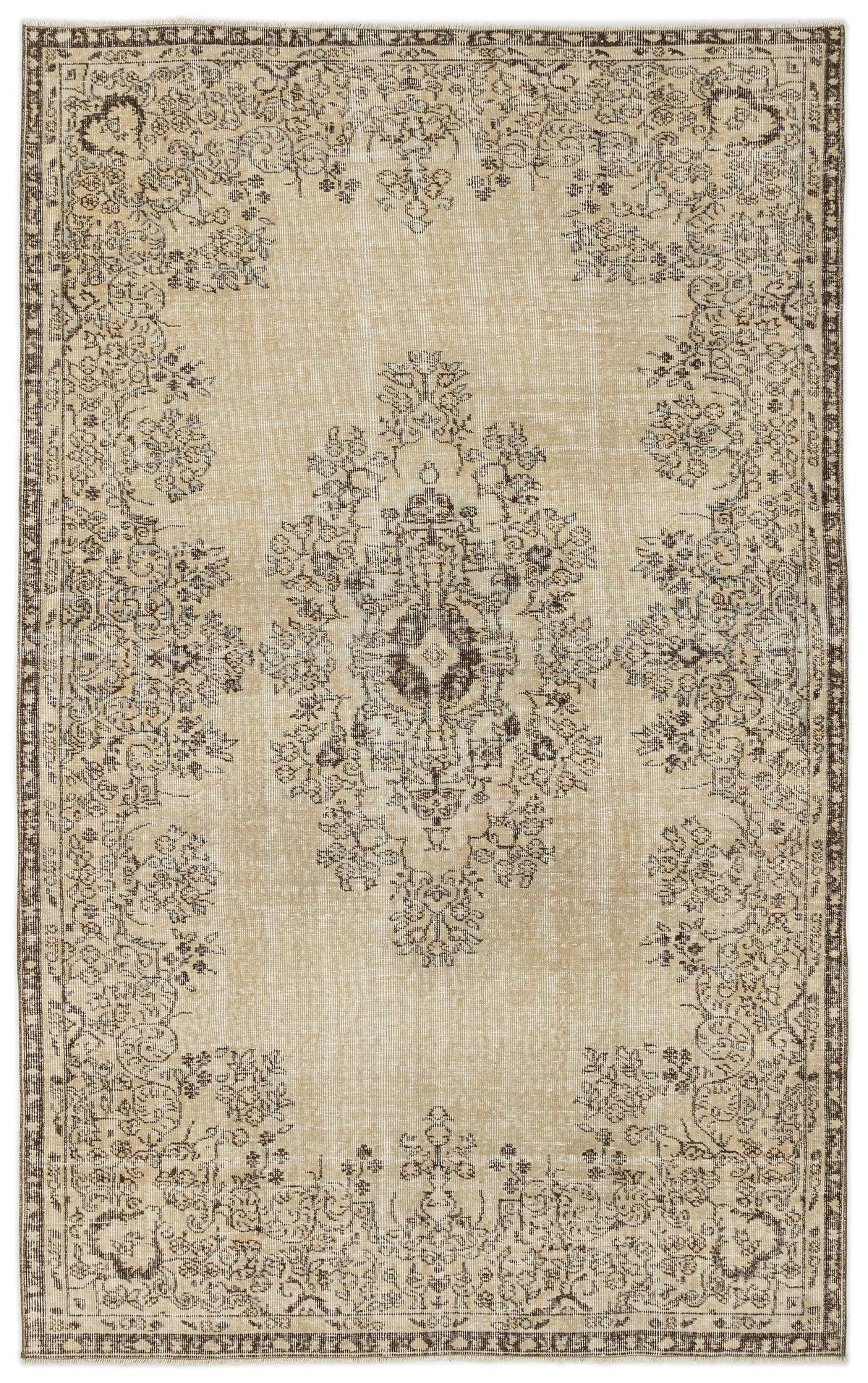 The Preutata Vintage Medallion Rug (5'4" x 8'11") features a faded beige background with an intricate central medallion and ornate brown and gray floral patterns, all framed by a decorative border for true vintage charm.