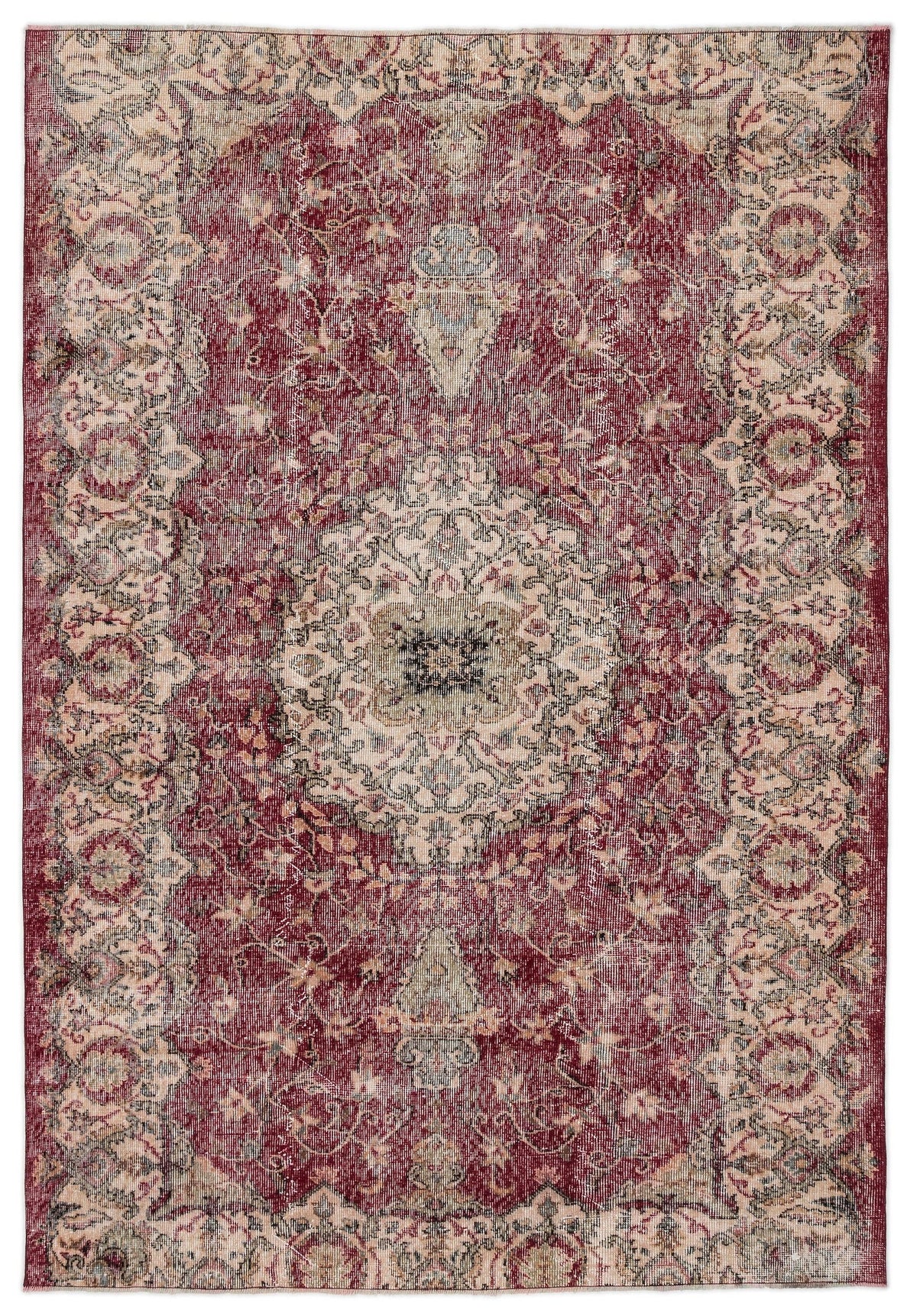 Distressed deep red and beige traditional rug with a central floral medallion and ornate border pattern.