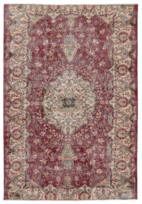 Load image 1 in gallery view. Distressed deep red and beige traditional rug with a central floral medallion and ornate border pattern.