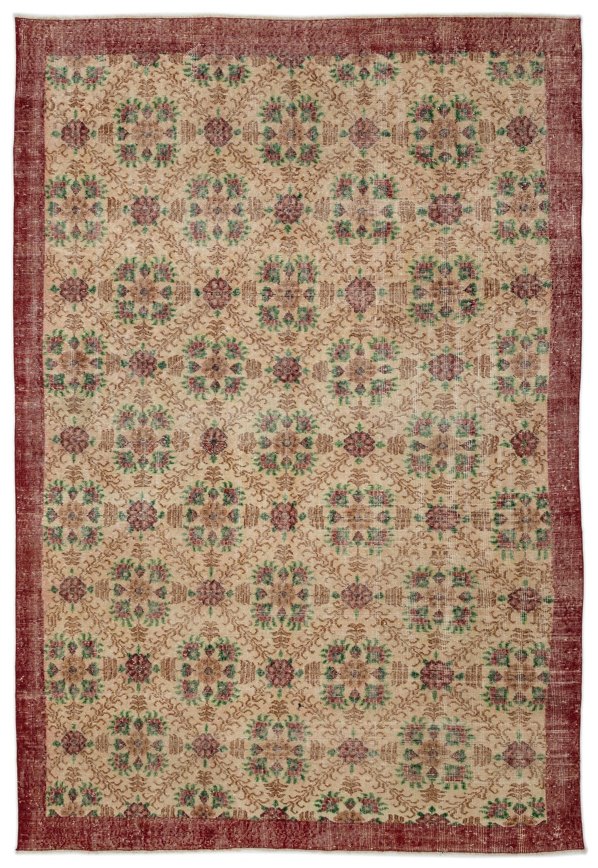 Beige vintage-style rug with a repeating floral medallion pattern in red and green, framed by a solid red border.
