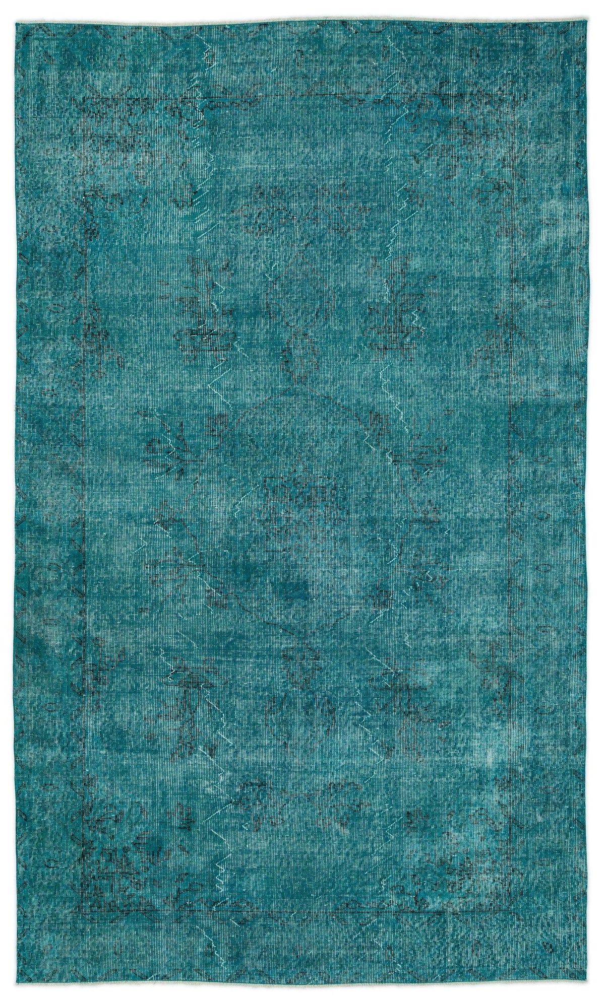 Teal distressed area rug with a faint, traditional medallion pattern and a thin border on a white background.