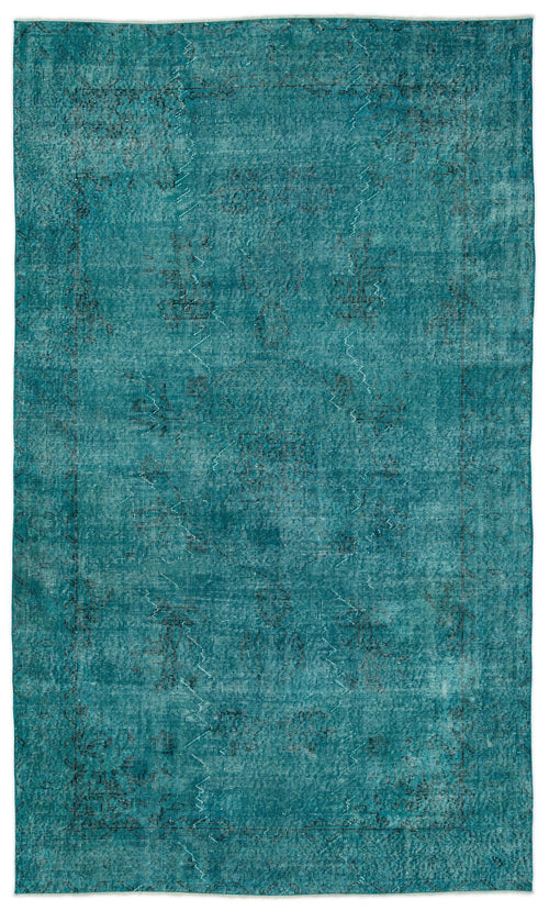 Load image 1 in gallery view. Teal distressed area rug with a faint, traditional medallion pattern and a thin border on a white background.