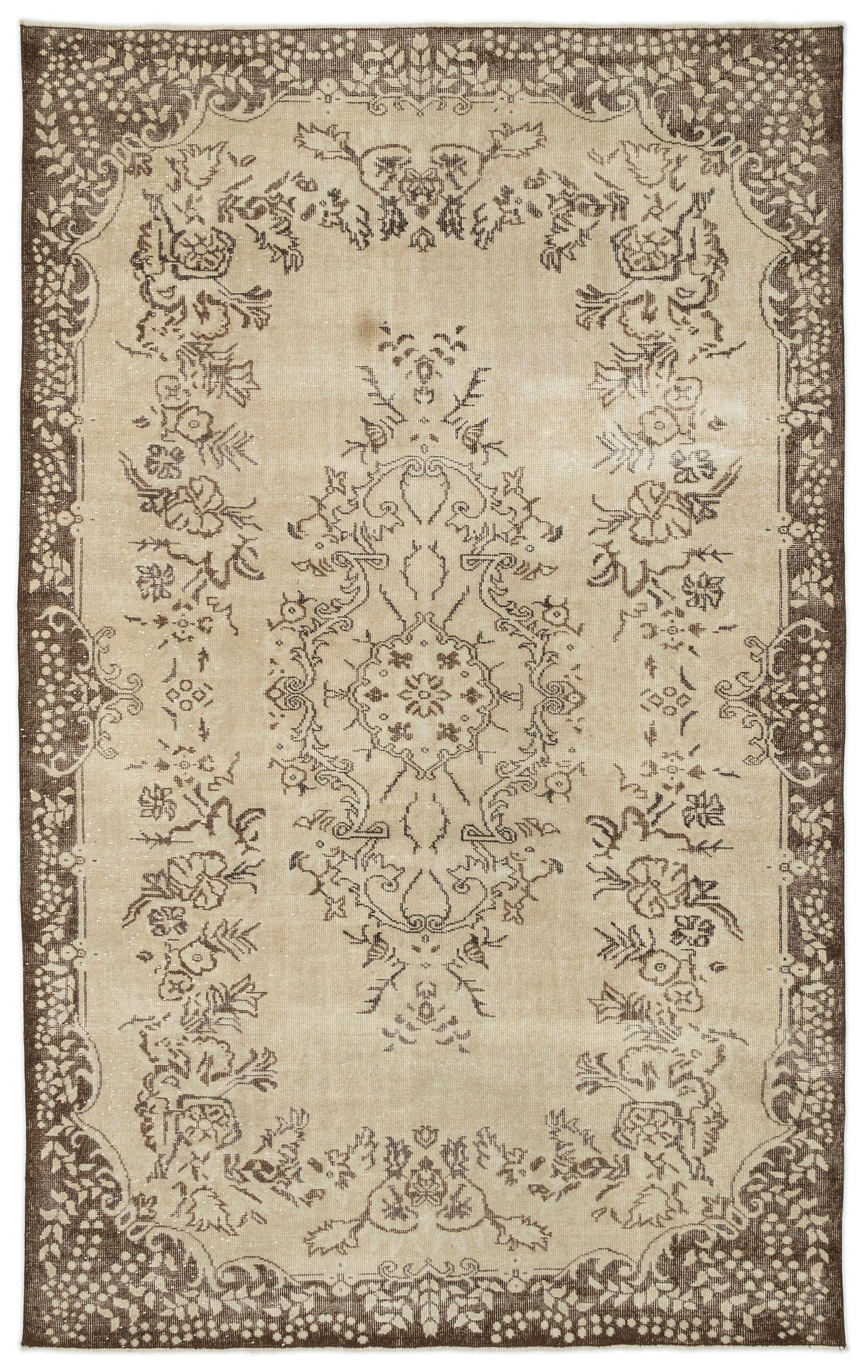 The Tiduex Vintage Medallion Rug (6'3" x 9'11") is a rectangular beige rug, showcasing an ornate floral and vine brown pattern with a decorative border and intricate central medallion design.