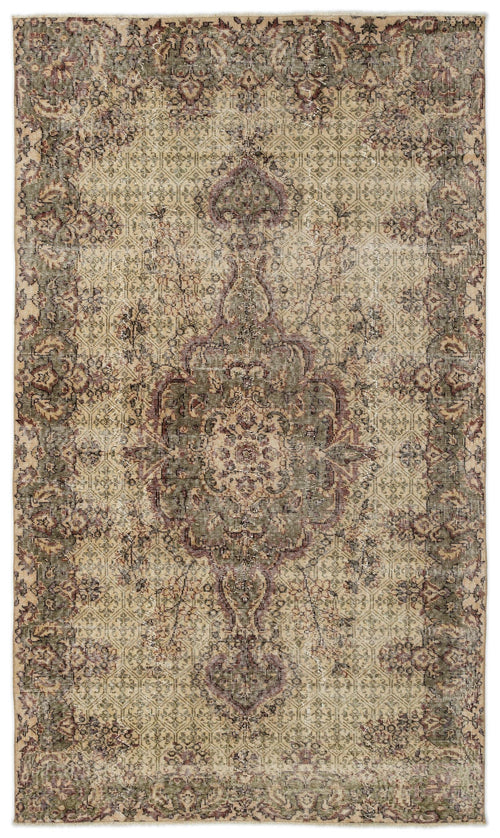 Load image 1 in gallery view. Distressed beige, olive green, and burgundy rug with a traditional floral medallion pattern on a white background.