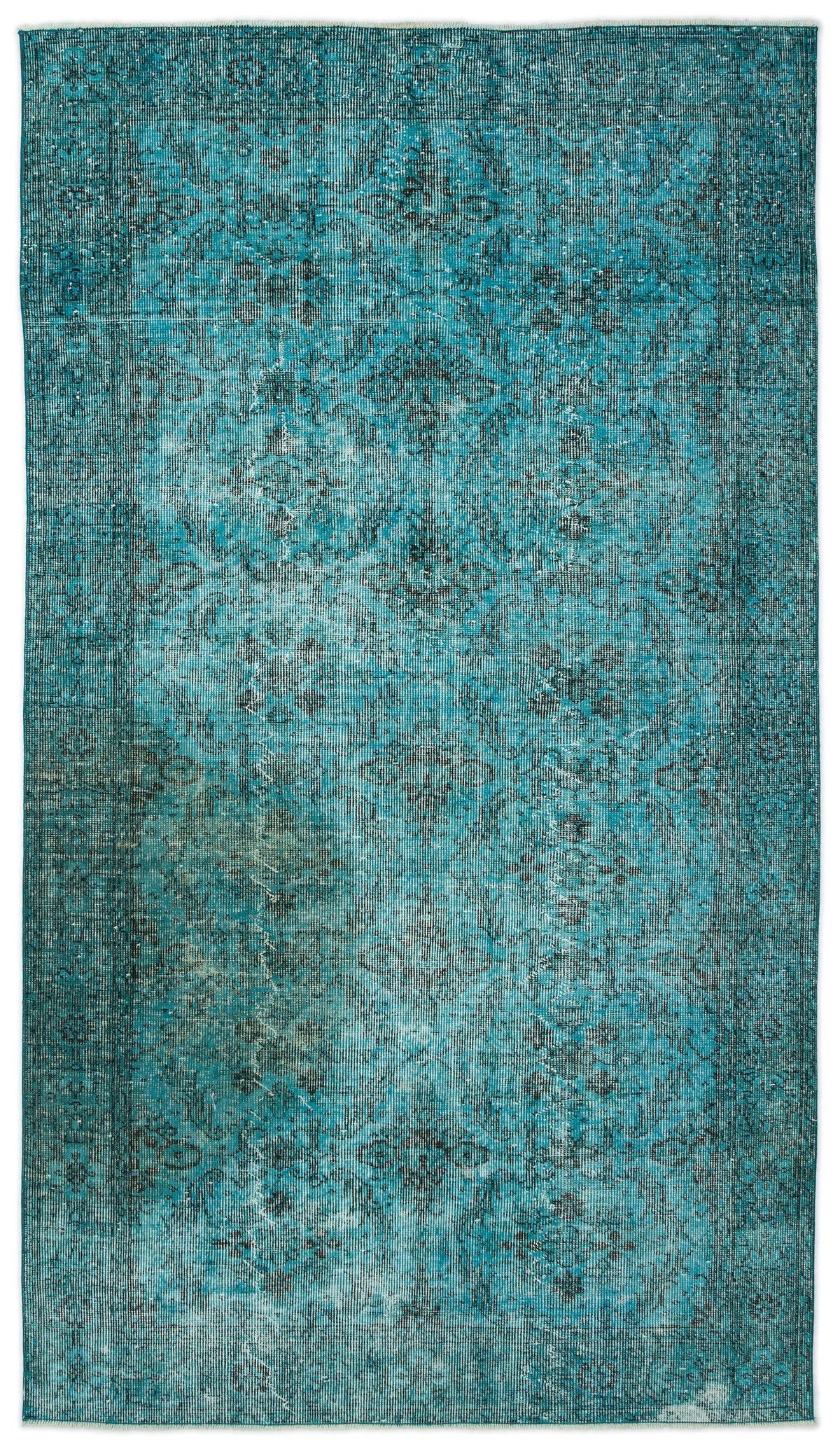 Teal and black distressed rug with a traditional medallion pattern and a faded, vintage-style finish.