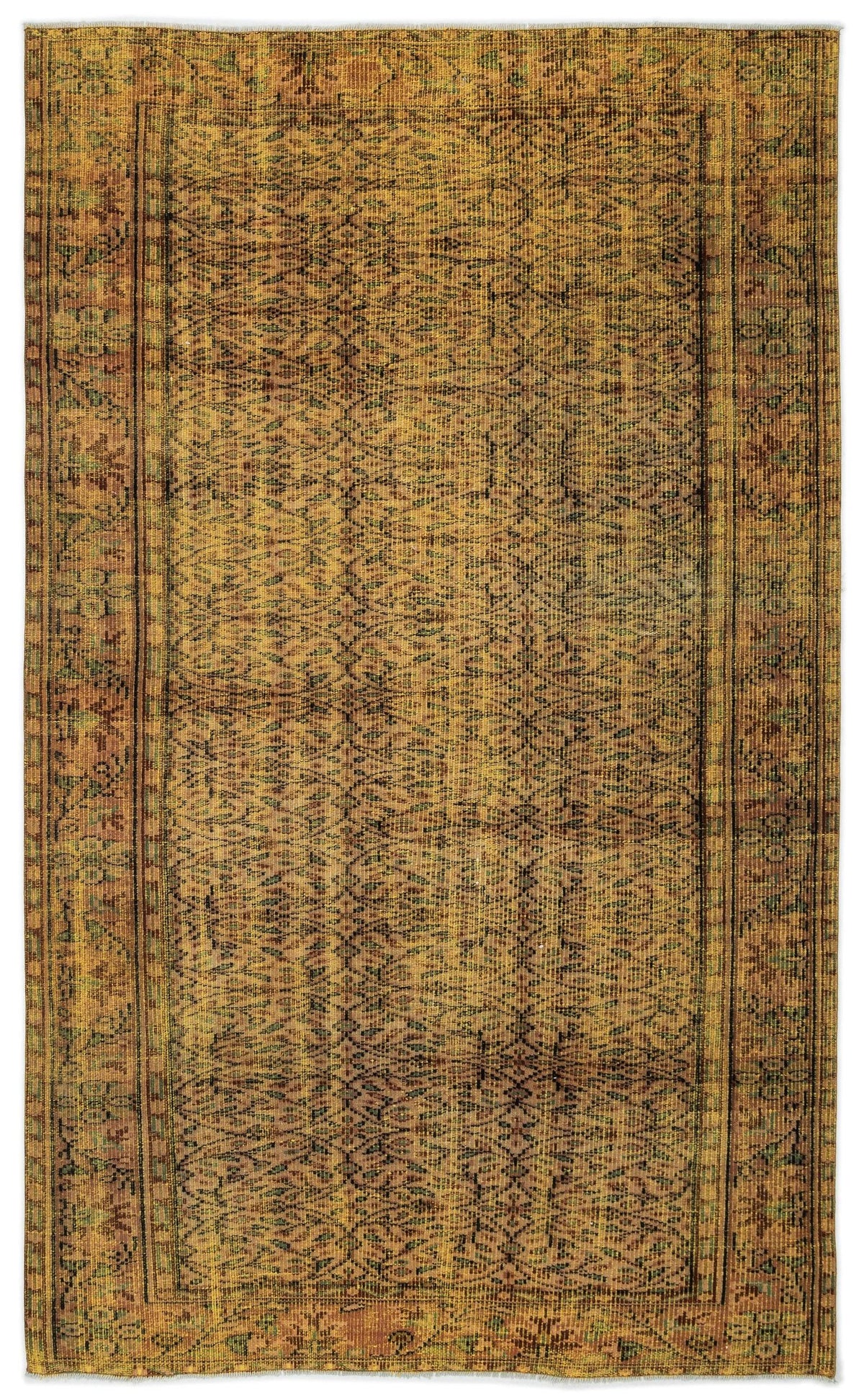 Distressed mustard yellow and brown vintage-style rug with an intricate repeating geometric pattern and a bordered edge.