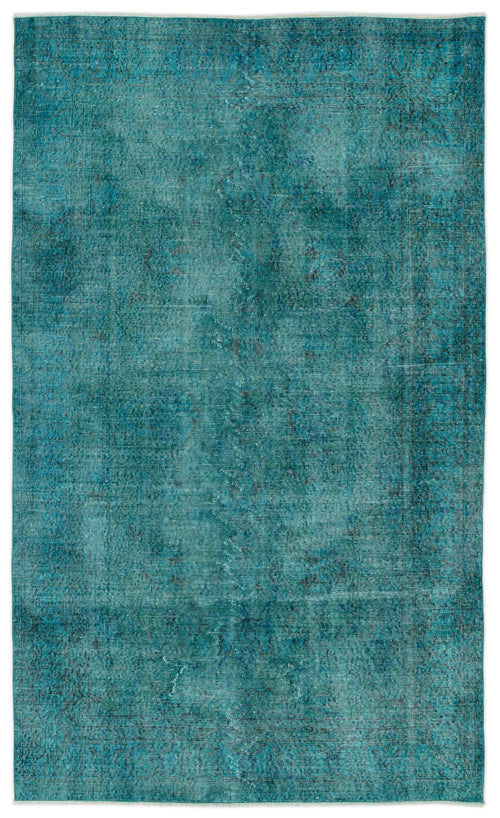 Load image 1 in gallery view. Teal and dark blue distressed vintage-style rug with a faded, overdyed traditional pattern on a white background.