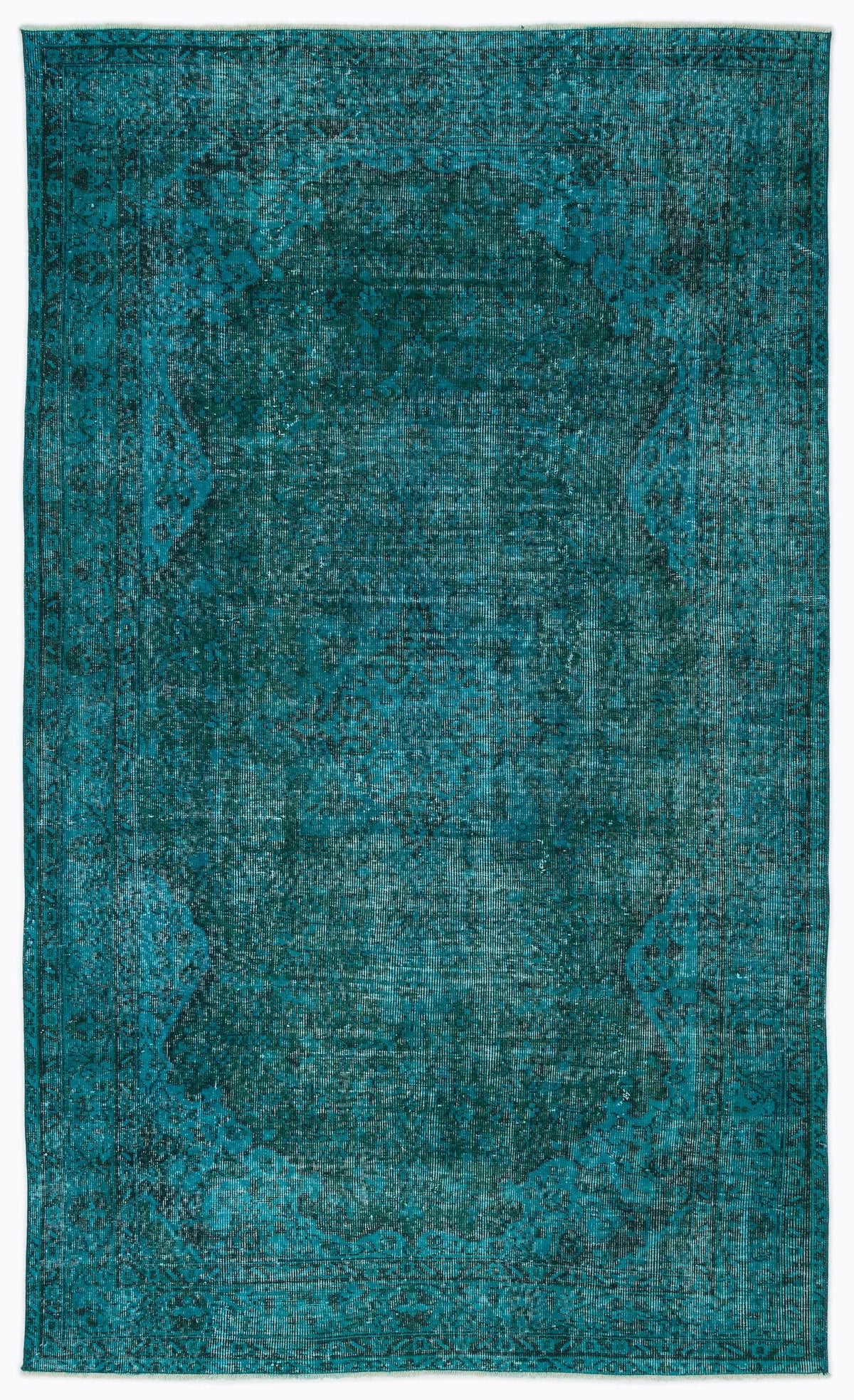 Teal distressed area rug with a traditional central medallion and ornate border pattern.
