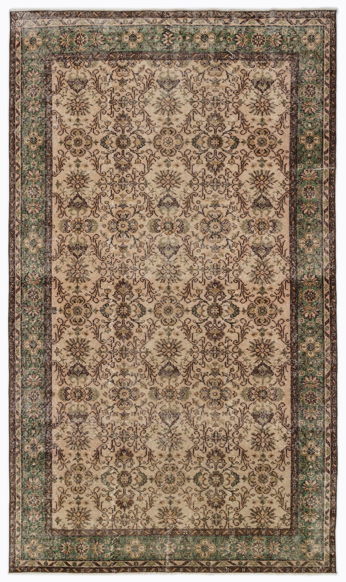 Beige, brown, and green traditional rug with a distressed floral medallion pattern and a decorative border.