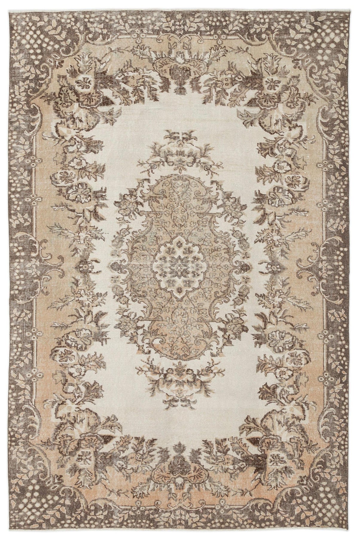 The Hakeon Vintage Medallion Rug (6'5 x 9'8) features an intricate floral pattern in brown, beige, and cream, with a central medallion and ornate border details.