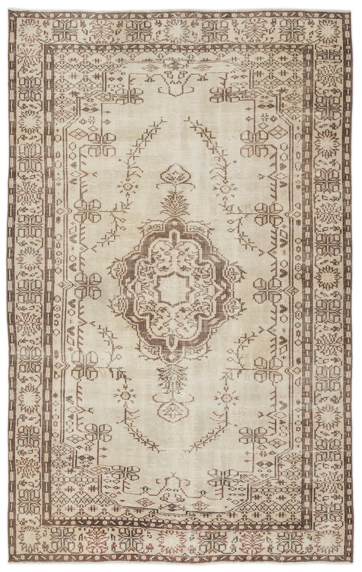 The Kidaen Vintage Medallion Rug (6'0 x 9'6) features a central medallion, ornate geometric and floral motifs in muted beige and brown, framed by a decorative border for a classic Anatolian-inspired look.