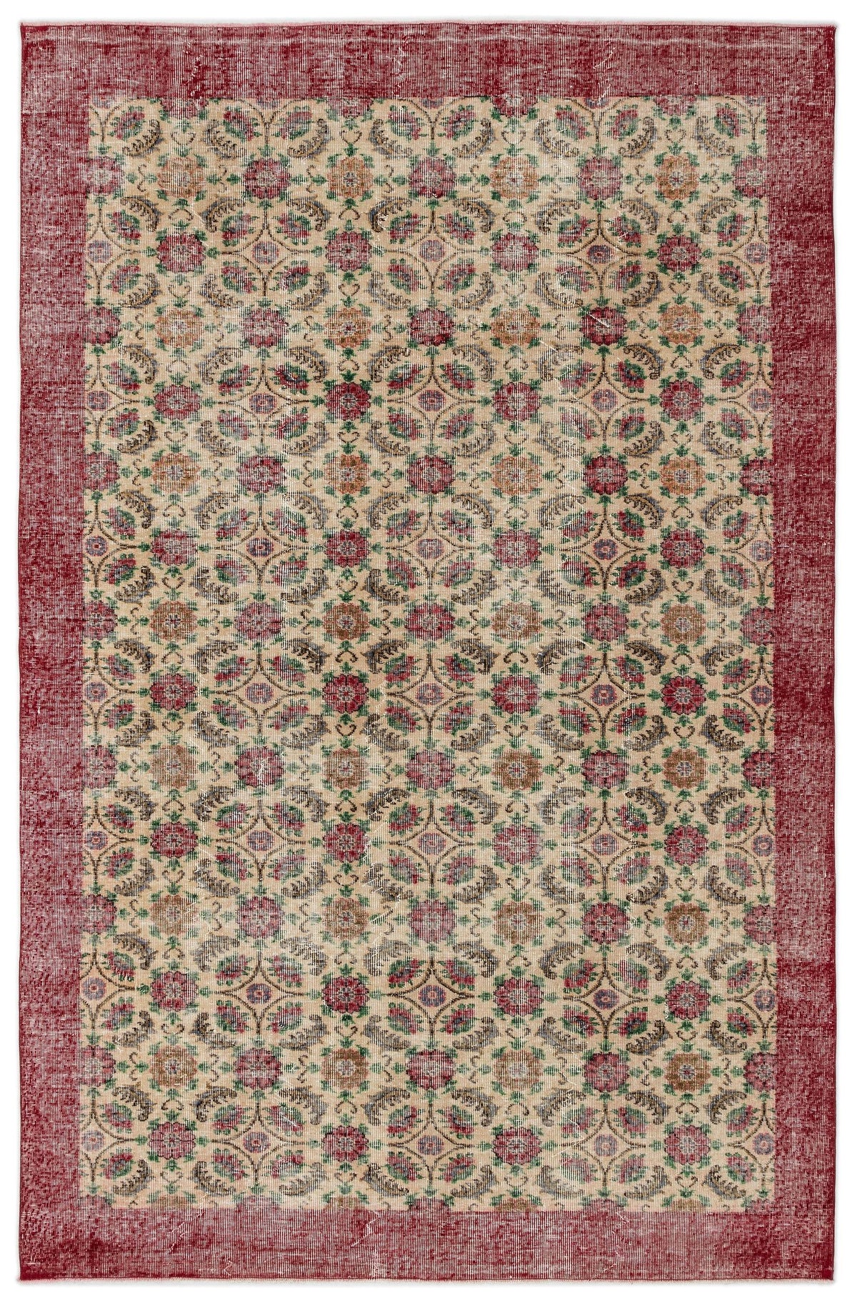 Distressed beige rug with a repeating floral medallion pattern and a wide red border.