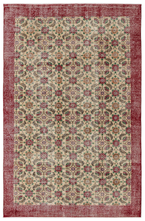 Load image 1 in gallery view. Distressed beige rug with a repeating floral medallion pattern and a wide red border.