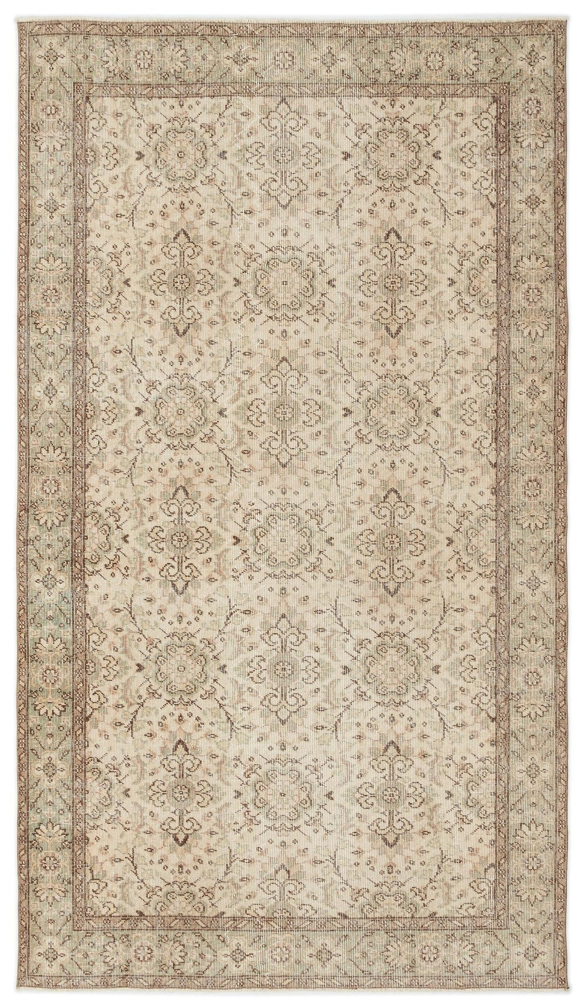 The Glela Vintage Floral Rug (5'0 x 8'11) is a rectangular, beige Anatolian hand-woven piece featuring intricate brown, tan, and pale green floral and geometric patterns with a decorative border for a vintage, traditional look.