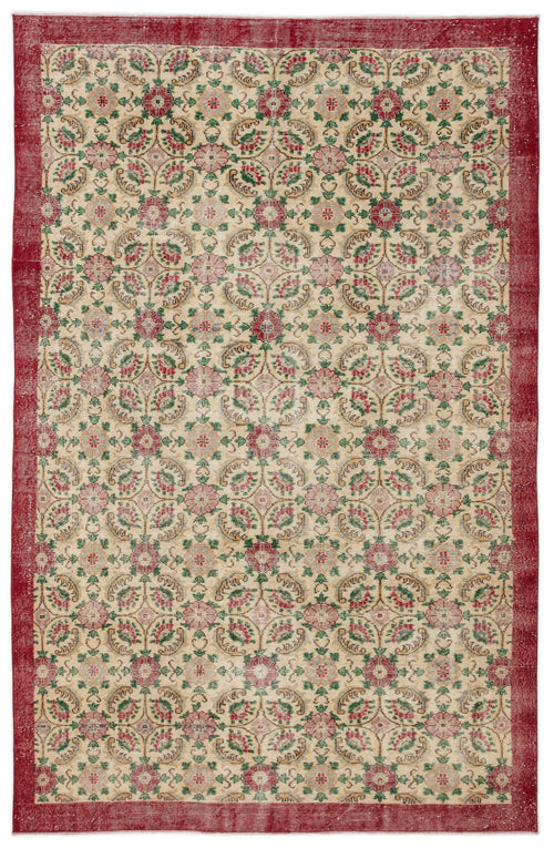 Load image 1 in gallery view. Beige rug with a red border and a repeating floral medallion pattern in red, green, and gold.