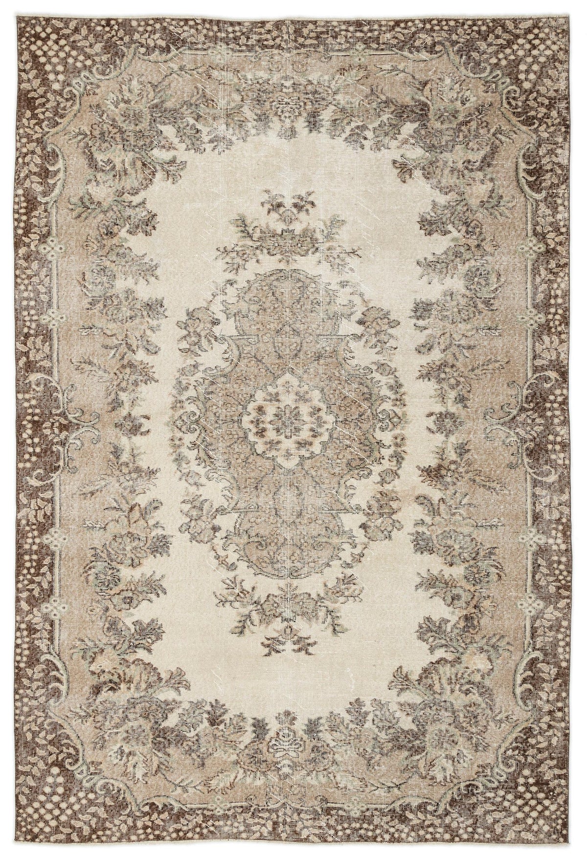 Beige and brown distressed traditional rug with a central floral medallion and ornate border.