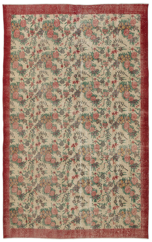 Load image 1 in gallery view. Beige rug with a red border and a repeating floral pattern in red, green, and yellow on a white background.