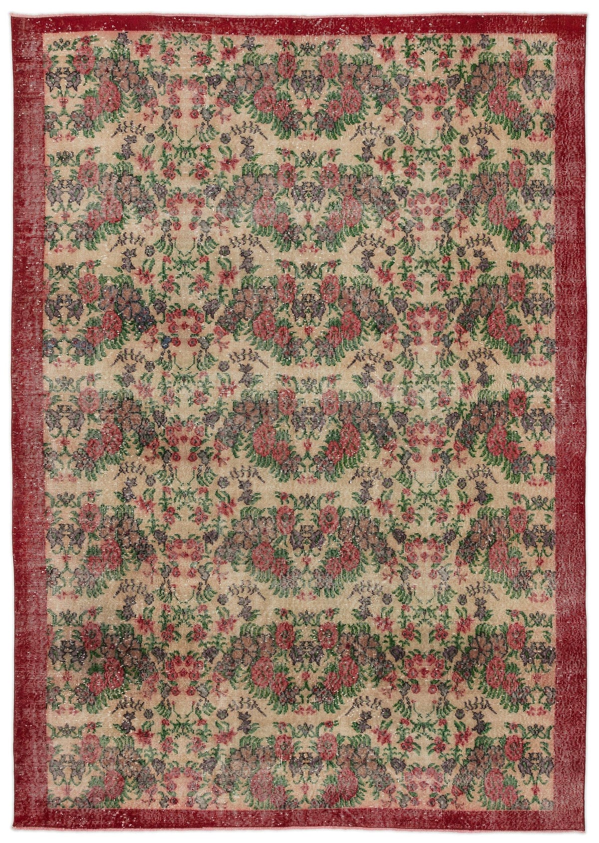 Beige rug with a red border and a repeating floral pattern in red, green, and dark grey.