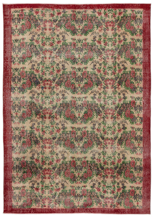 Load image 1 in gallery view. Beige rug with a red border and a repeating floral pattern in red, green, and dark grey.