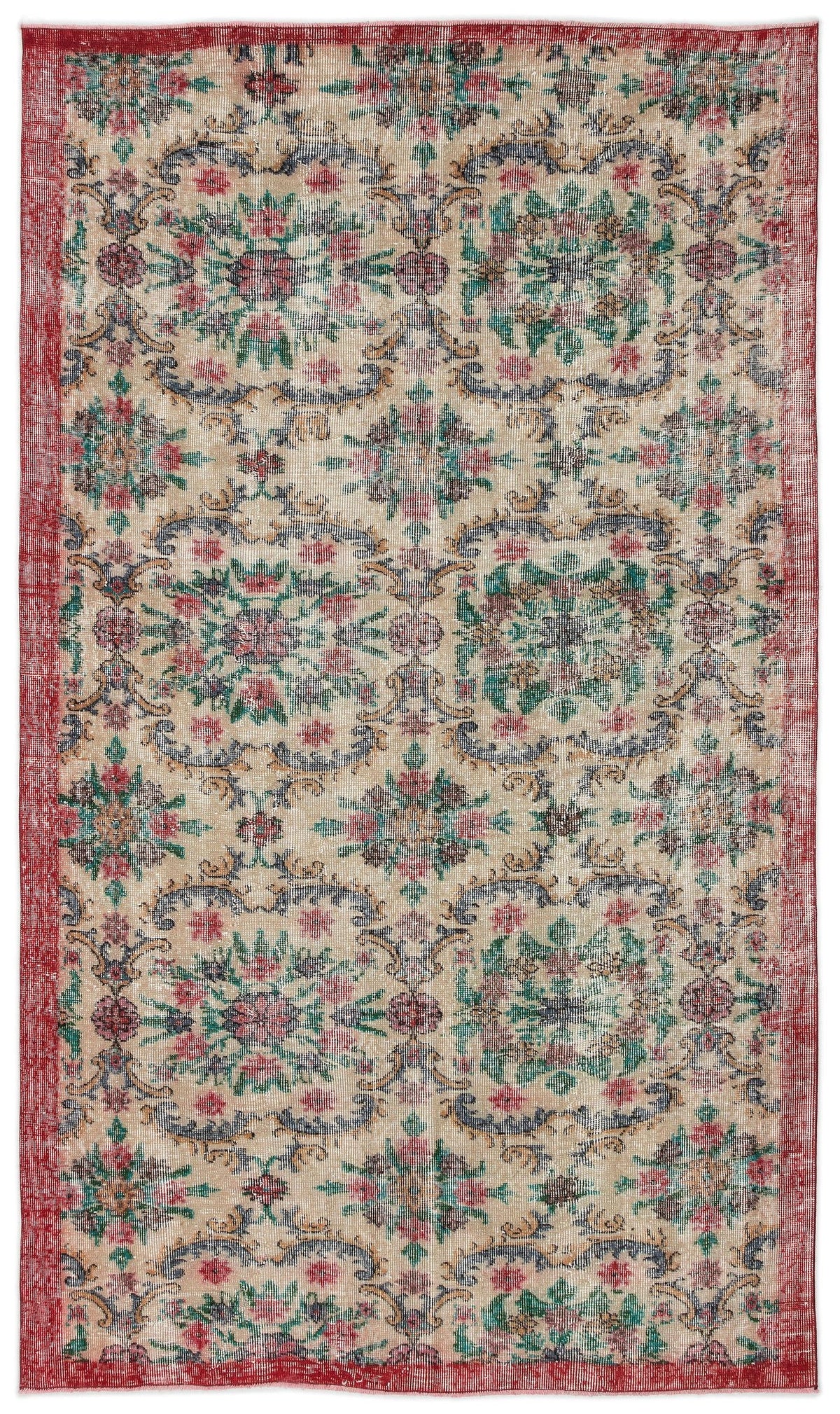 Beige vintage-style rug with a distressed floral medallion pattern in red, green, and blue, featuring a red border.
