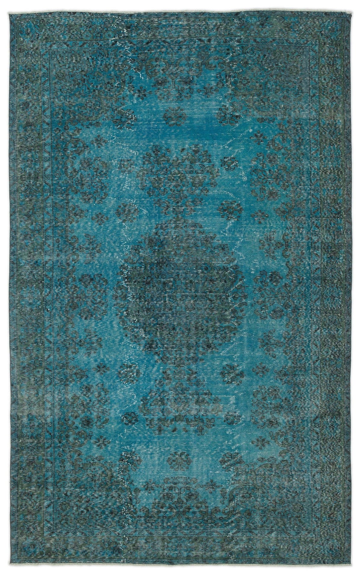 Teal and dark grey distressed rug with a traditional floral medallion pattern and a wide decorative border.