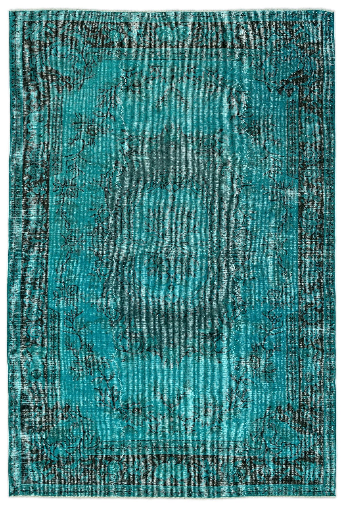 Teal and black distressed traditional rug with a central floral medallion and ornate border.