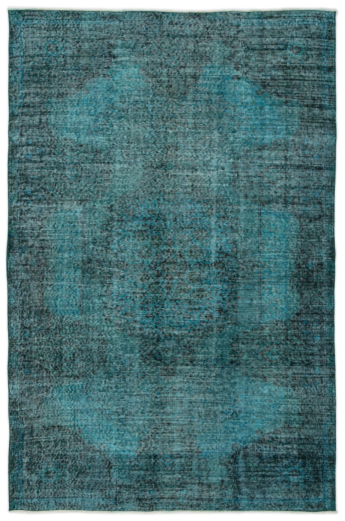 Teal and black distressed vintage-style rug with a faded central medallion pattern.
